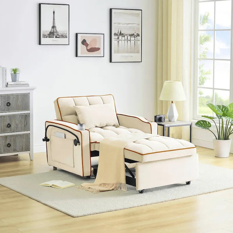 Divano Letto Futon Pieghevole in Velluto da 70,86" con Porta USB, Schienale Regolabile, Porta Telefono Girevole e Posacenere