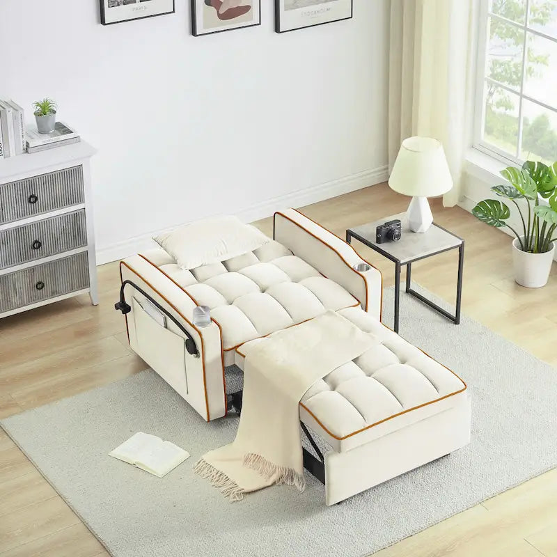 Divano Letto Futon Pieghevole in Velluto da 70,86" con Porta USB, Schienale Regolabile, Porta Telefono Girevole e Posacenere