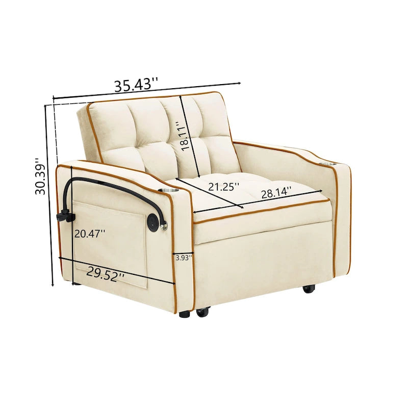 Divano Letto Futon Pieghevole in Velluto da 70,86" con Porta USB, Schienale Regolabile, Porta Telefono Girevole e Posacenere