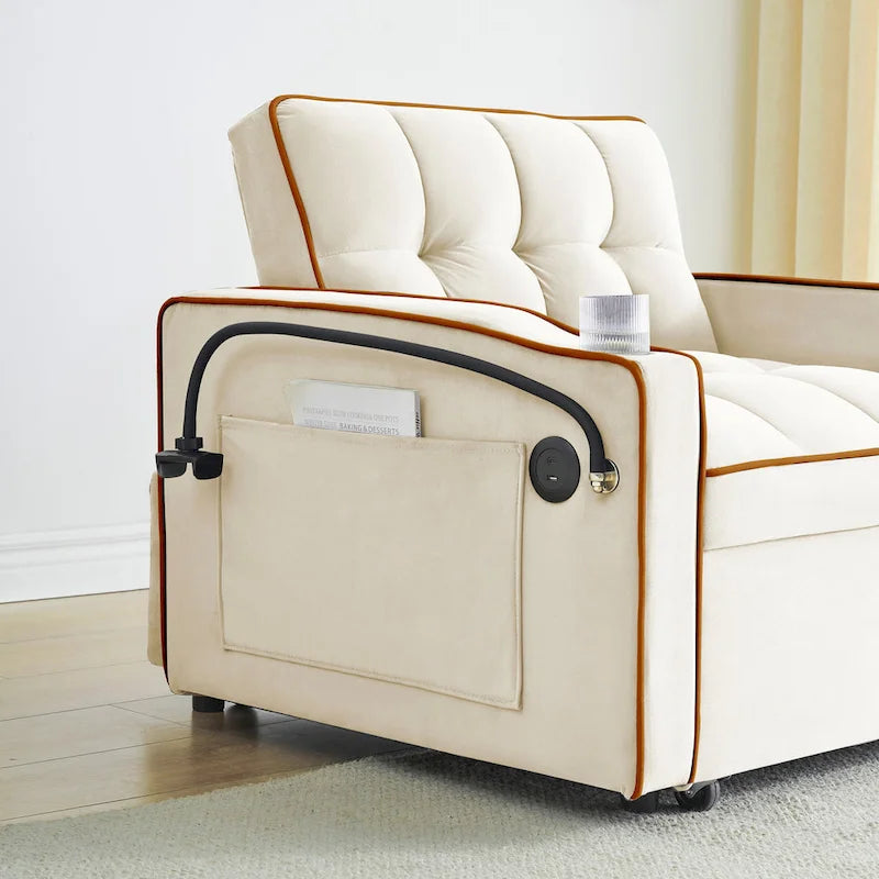 Divano Letto Futon Pieghevole in Velluto da 70,86" con Porta USB, Schienale Regolabile, Porta Telefono Girevole e Posacenere