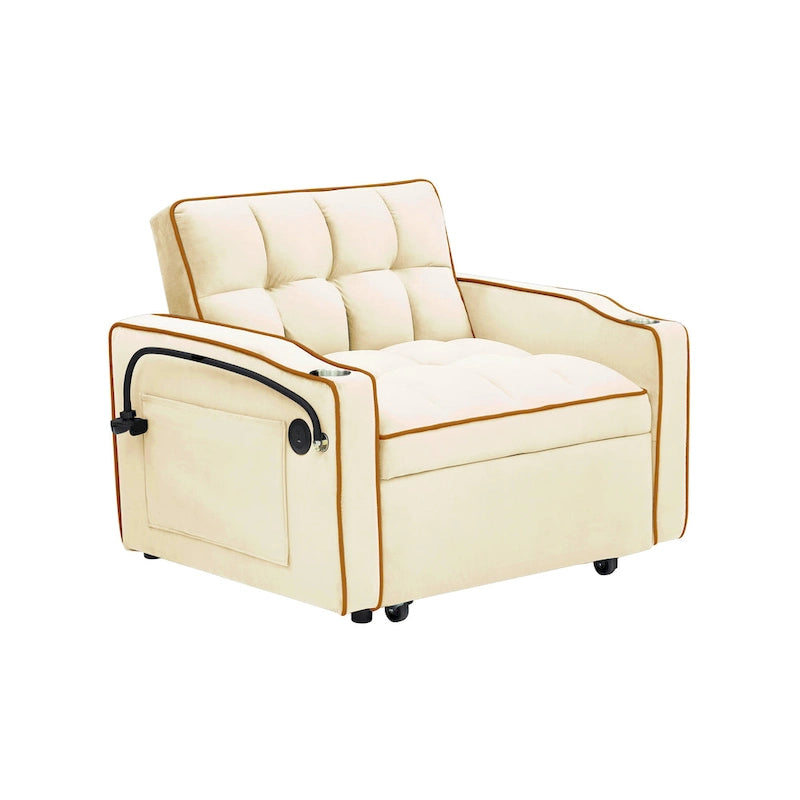 Divano Letto Futon Pieghevole in Velluto da 70,86" con Porta USB, Schienale Regolabile, Porta Telefono Girevole e Posacenere