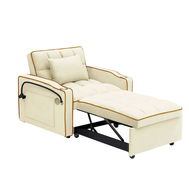 Divano Letto Futon Pieghevole in Velluto da 70,86" con Porta USB, Schienale Regolabile, Porta Telefono Girevole e Posacenere