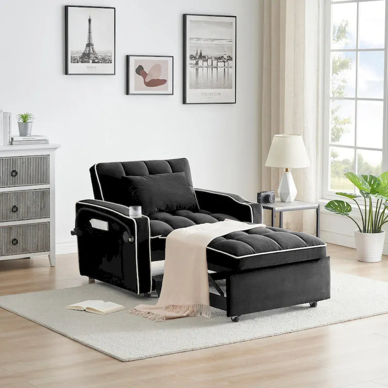 Divano Letto Futon Pieghevole in Velluto da 70,86" con Porta USB, Schienale Regolabile, Porta Telefono Girevole e Posacenere