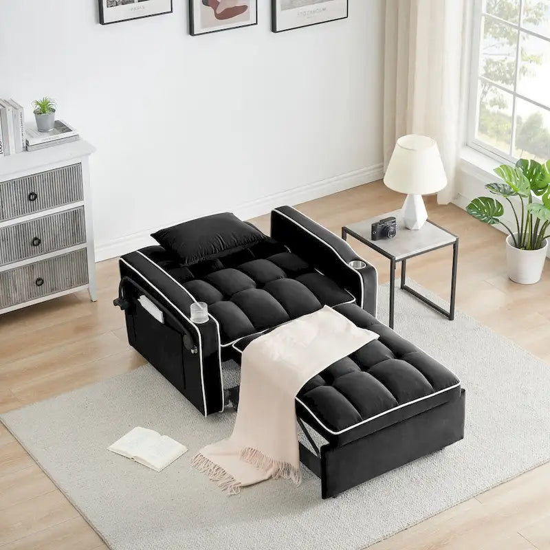 Divano Letto Futon Pieghevole in Velluto da 70,86" con Porta USB, Schienale Regolabile, Porta Telefono Girevole e Posacenere