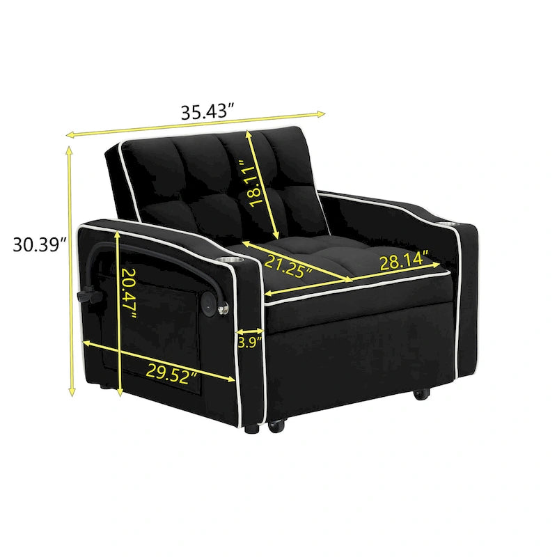 Divano Letto Futon Pieghevole in Velluto da 70,86" con Porta USB, Schienale Regolabile, Porta Telefono Girevole e Posacenere