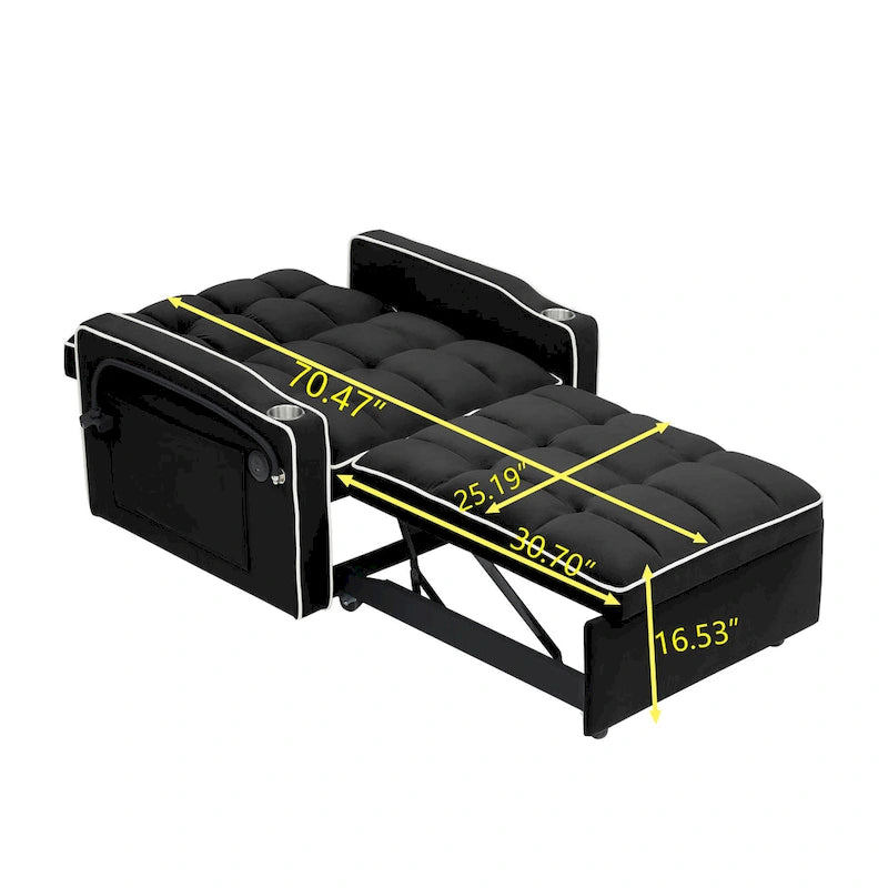 Divano Letto Futon Pieghevole in Velluto da 70,86" con Porta USB, Schienale Regolabile, Porta Telefono Girevole e Posacenere