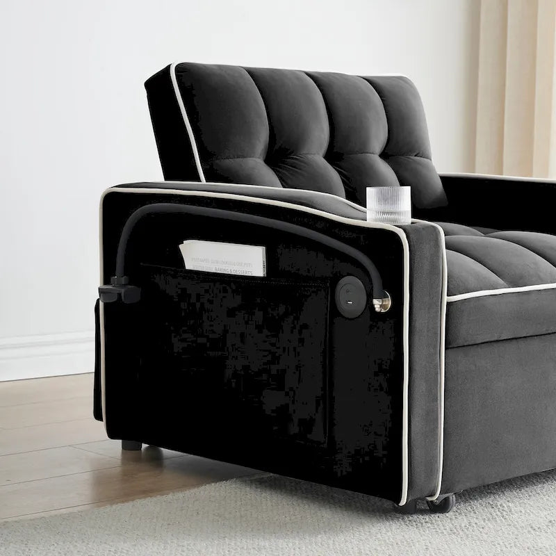 Divano Letto Futon Pieghevole in Velluto da 70,86" con Porta USB, Schienale Regolabile, Porta Telefono Girevole e Posacenere