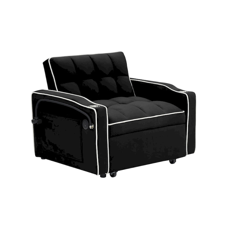 Divano Letto Futon Pieghevole in Velluto da 70,86" con Porta USB, Schienale Regolabile, Porta Telefono Girevole e Posacenere