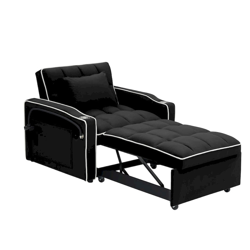 Divano Letto Futon Pieghevole in Velluto da 70,86" con Porta USB, Schienale Regolabile, Porta Telefono Girevole e Posacenere