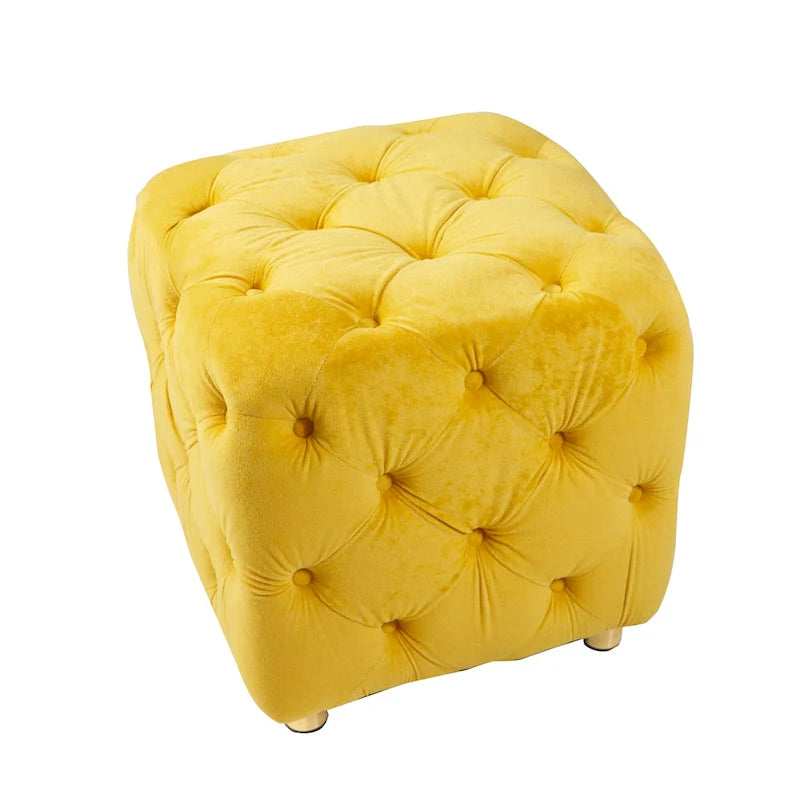 Pouf moderno rivestito in velluto con motivo trapuntato a quadri, poggiapiedi e pezzo d'arredo per il salotto