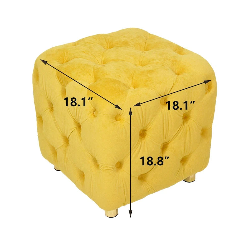 Pouf moderno rivestito in velluto con motivo trapuntato a quadri, poggiapiedi e pezzo d'arredo per il salotto