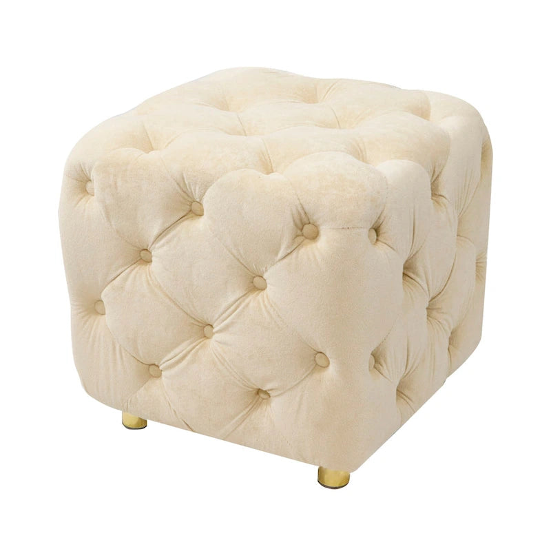 Pouf moderno rivestito in velluto con motivo trapuntato a quadri, poggiapiedi e pezzo d'arredo per il salotto