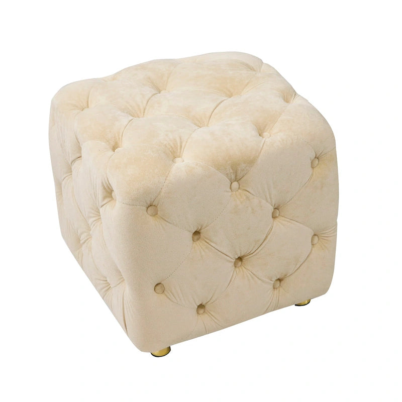 Pouf moderno rivestito in velluto con motivo trapuntato a quadri, poggiapiedi e pezzo d'arredo per il salotto