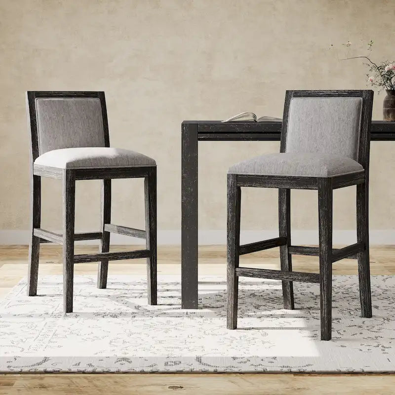 Set di 2 sgabelli da bar imbottiti, altezza bar 77,5 cm, cuscino in tessuto, struttura in legno, stile retrò