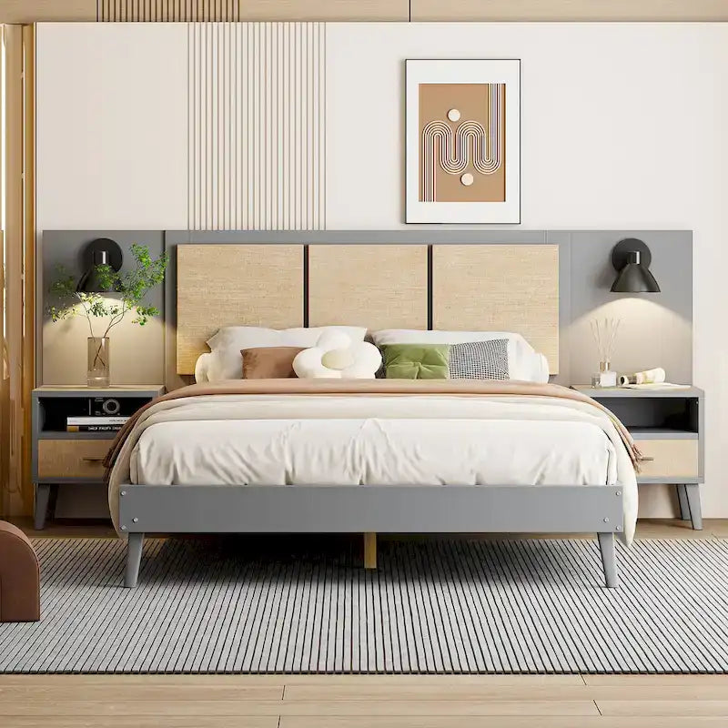 Letto a piattaforma Queen in legno massello con comodini e lampade da testata