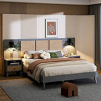 Letto a piattaforma Queen in legno massello con comodini e lampade da testata