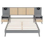 Letto a piattaforma Queen in legno massello con comodini e lampade da testata