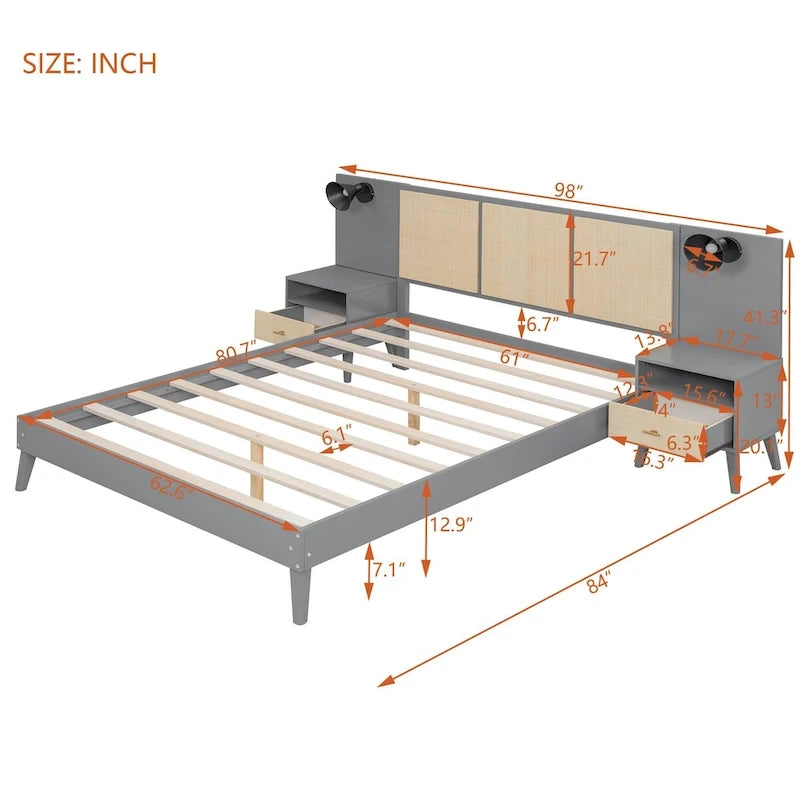 Letto a piattaforma Queen in legno massello con comodini e lampade da testata