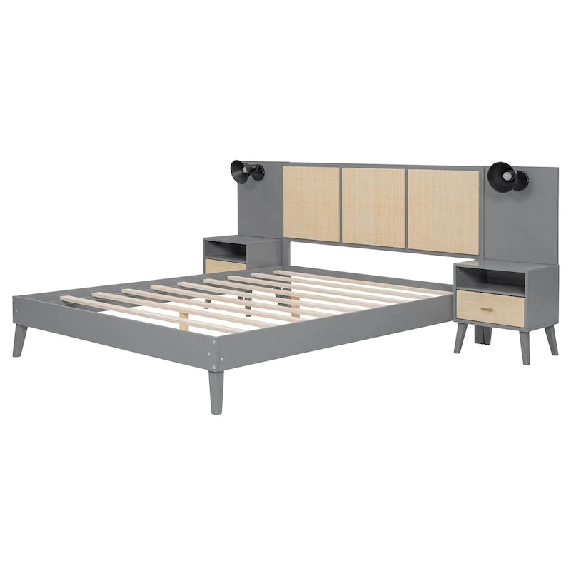 Letto a piattaforma Queen in legno massello con comodini e lampade da testata