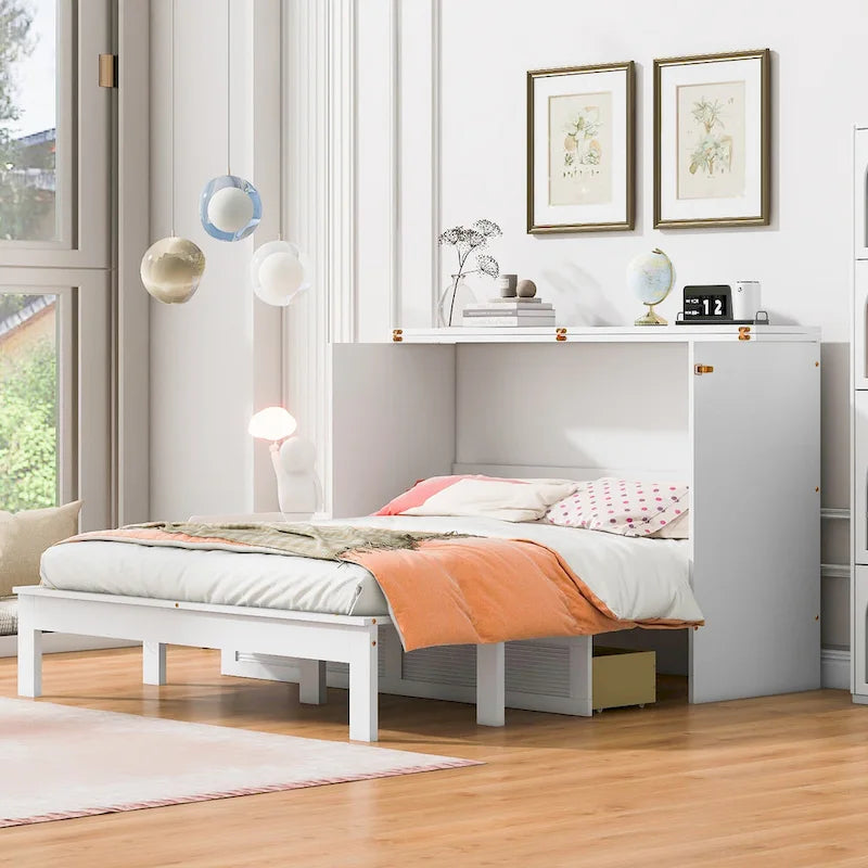 Letto a scomparsa matrimoniale/queen size con ampio cassetto contenitore, letto armadio salvaspazio Murphy con un set di prese e porte USB