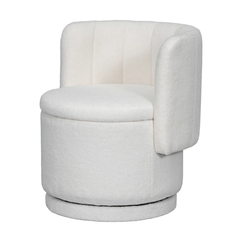 Poltrona girevole accentata in tessuto bouclé con vano portaoggetti, per soggiorno, grigia