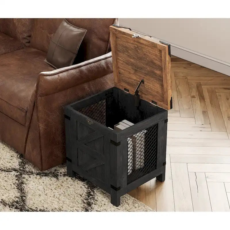 Tavolino e Comodino ad Apertura dall'Alto con Dettagli Rustici, Cassetto Contenitore, Tavolino d'Appoggio Moderno