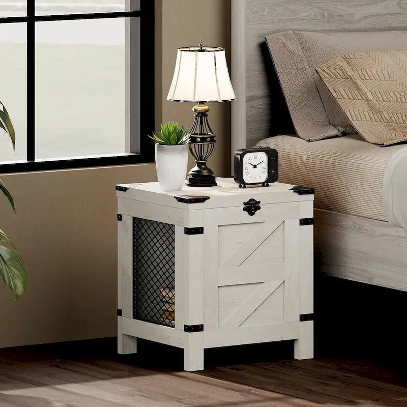 Tavolino e Comodino ad Apertura dall'Alto con Dettagli Rustici, Cassetto Contenitore, Tavolino d'Appoggio Moderno