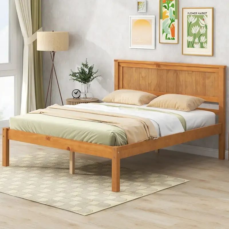 Letto a piattaforma in legno di pino con testiera e supporto a doghe in legno, non è richiesta la rete a molle, facile da montare
