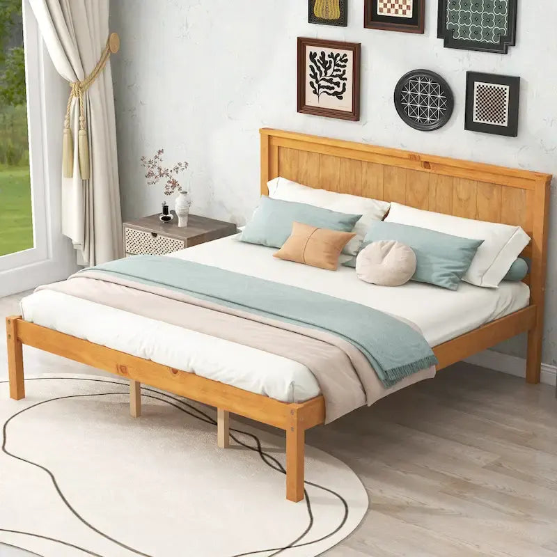 Letto a piattaforma in legno di pino con testiera e supporto a doghe in legno, non è richiesta la rete a molle, facile da montare