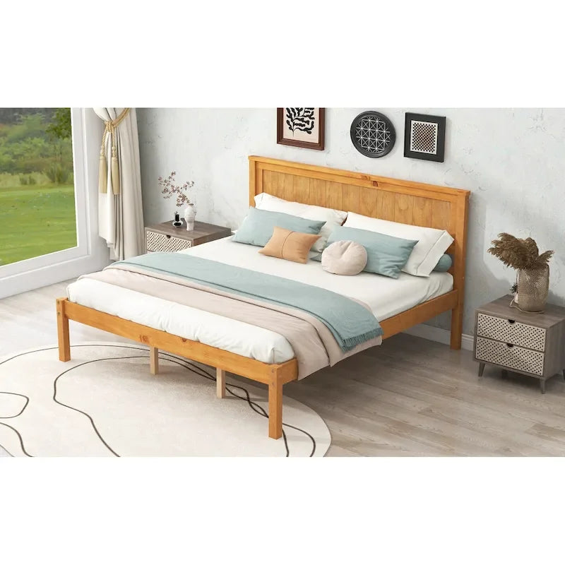Letto a piattaforma in legno di pino con testiera e supporto a doghe in legno, non è richiesta la rete a molle, facile da montare