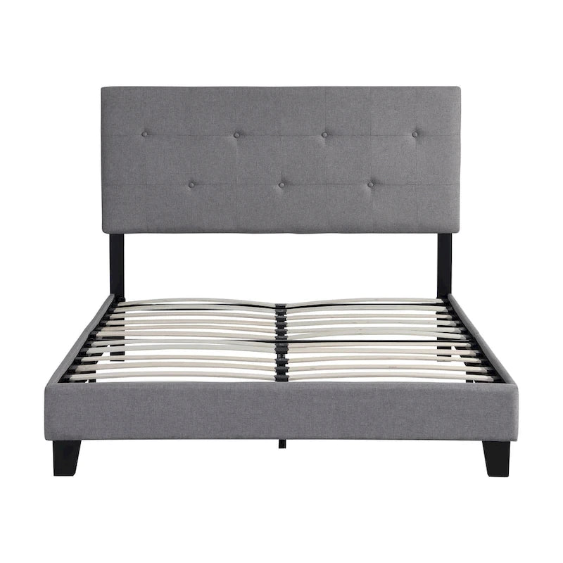 Letto a piattaforma in lino grigio a grandezza naturale, testiera imbottita a punto di trazione, supporto a doghe in legno, capacità 227 kg