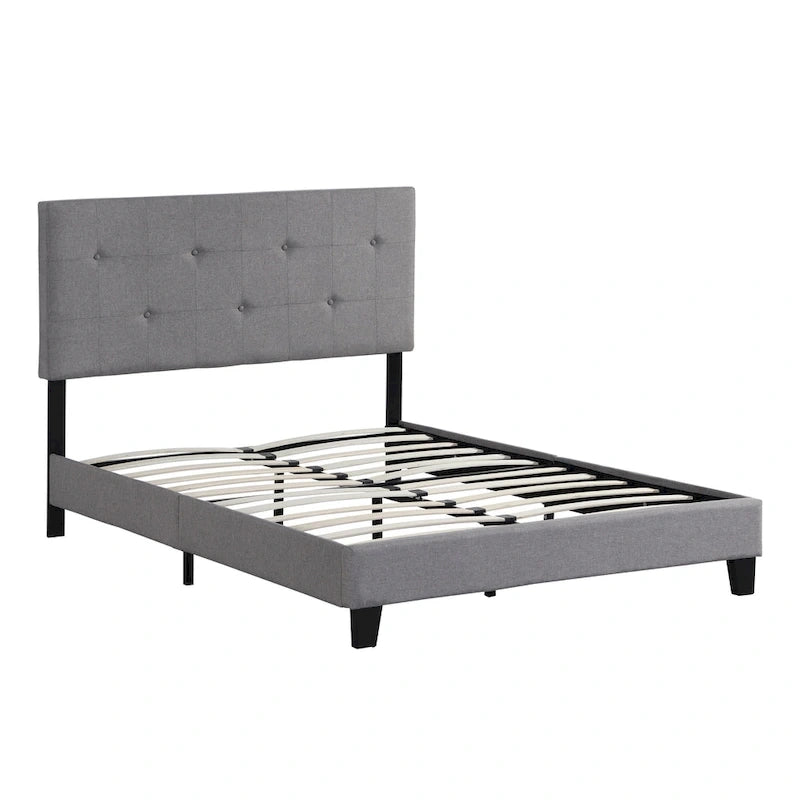 Letto a piattaforma in lino grigio a grandezza naturale, testiera imbottita a punto di trazione, supporto a doghe in legno, capacità 227 kg