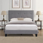 Letto a piattaforma in lino grigio a grandezza naturale, testiera imbottita a punto di trazione, supporto a doghe in legno, capacità 227 kg