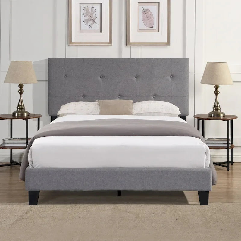 Letto a piattaforma in lino grigio a grandezza naturale, testiera imbottita a punto di trazione, supporto a doghe in legno, capacità 227 kg