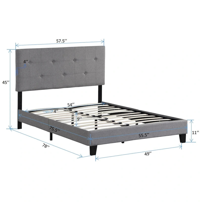 Letto a piattaforma in lino grigio a grandezza naturale, testiera imbottita a punto di trazione, supporto a doghe in legno, capacità 227 kg