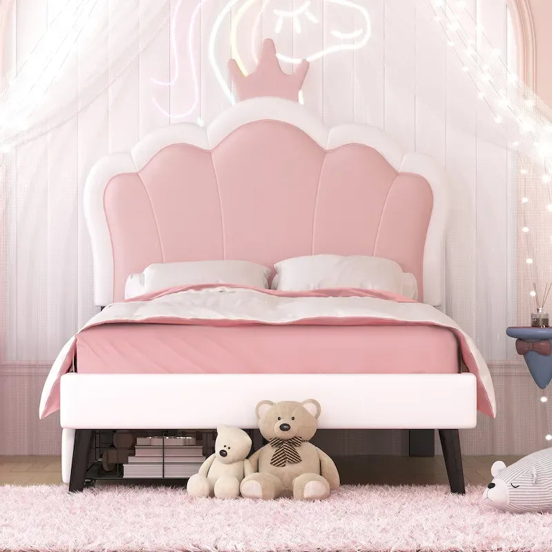 Letto a piattaforma per bambine Principessa con testiera a corona, 2 cassetti portaoggetti, pelle PU, struttura in legno di pino