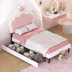 Letto a piattaforma per bambine Principessa con testiera a corona, 2 cassetti portaoggetti, pelle PU, struttura in legno di pino
