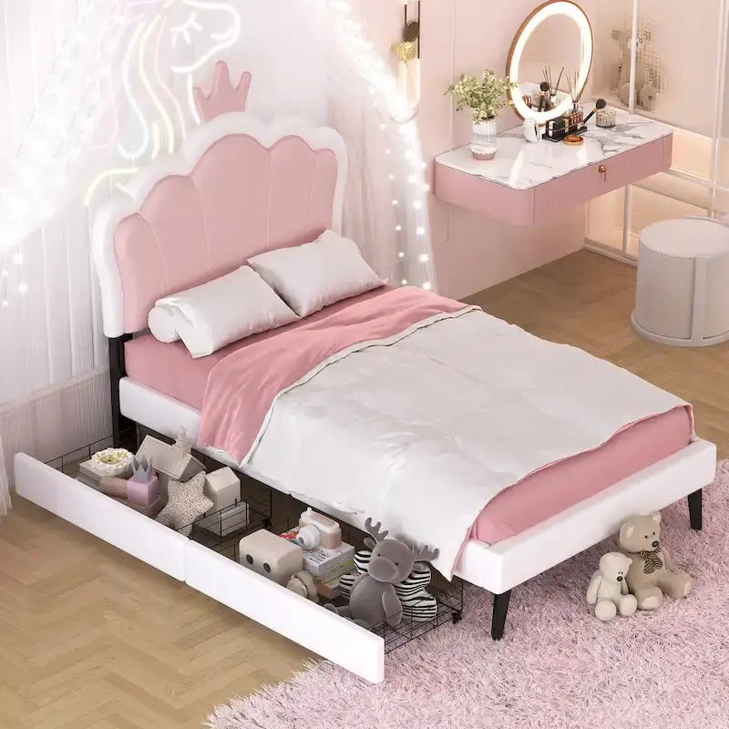 Letto a piattaforma per bambine Principessa con testiera a corona, 2 cassetti portaoggetti, pelle PU, struttura in legno di pino