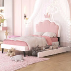 Letto a piattaforma per bambine Principessa con testiera a corona, 2 cassetti portaoggetti, pelle PU, struttura in legno di pino
