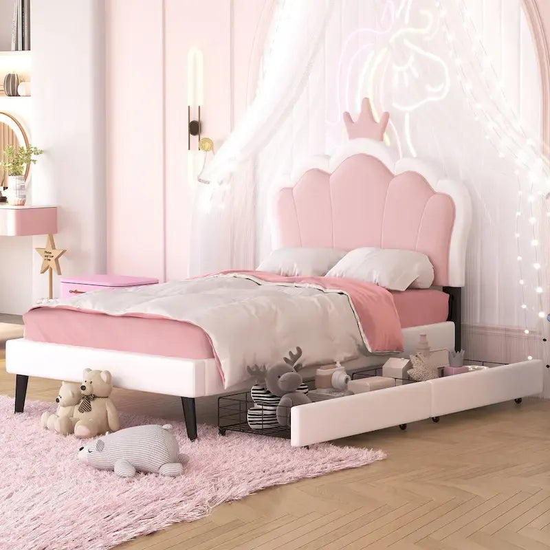 Letto a piattaforma per bambine Principessa con testiera a corona, 2 cassetti portaoggetti, pelle PU, struttura in legno di pino