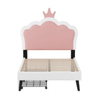 Letto a piattaforma per bambine Principessa con testiera a corona, 2 cassetti portaoggetti, pelle PU, struttura in legno di pino