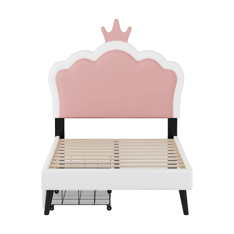 Letto a piattaforma per bambine Principessa con testiera a corona, 2 cassetti portaoggetti, pelle PU, struttura in legno di pino