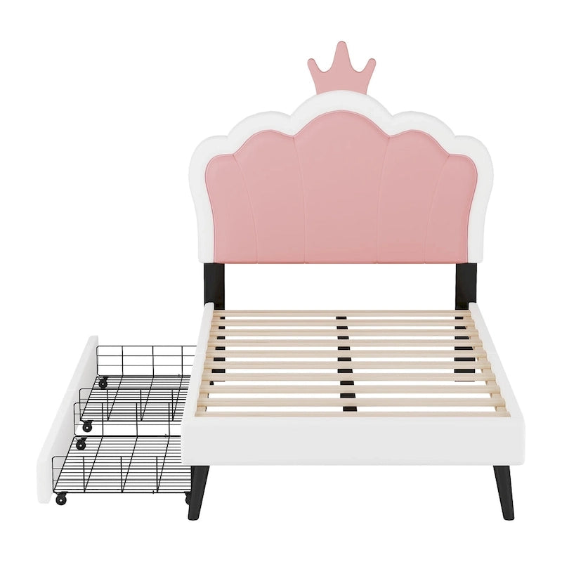 Letto a piattaforma per bambine Principessa con testiera a corona, 2 cassetti portaoggetti, pelle PU, struttura in legno di pino