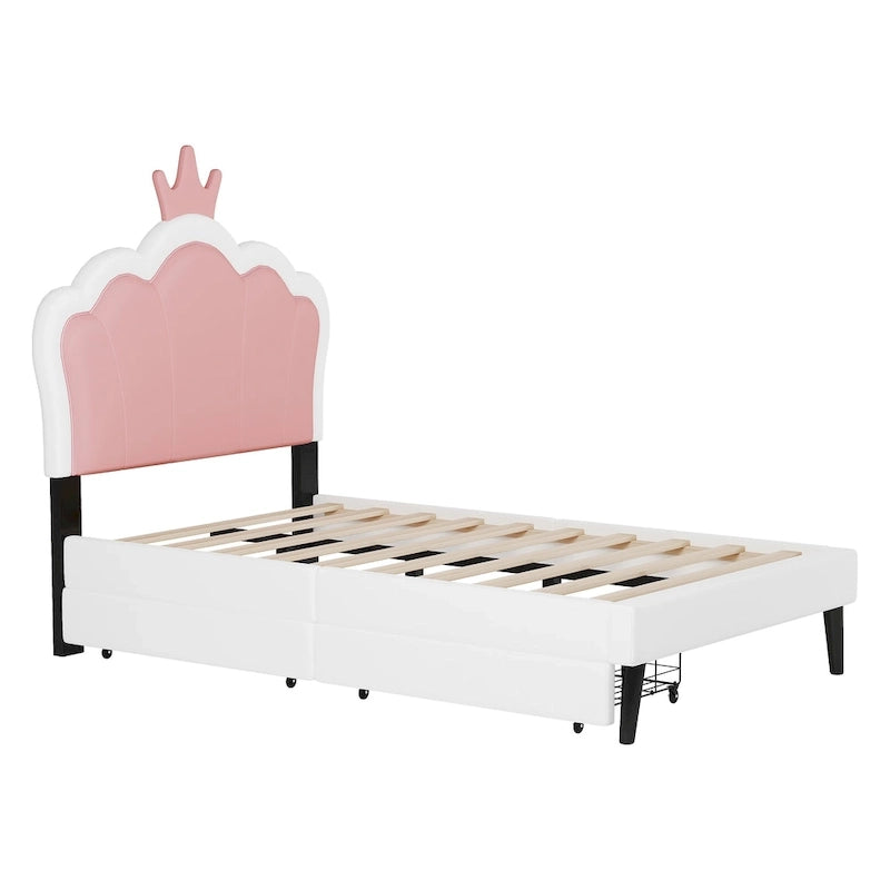 Letto a piattaforma per bambine Principessa con testiera a corona, 2 cassetti portaoggetti, pelle PU, struttura in legno di pino