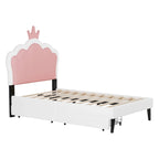 Letto a piattaforma per bambine Principessa con testiera a corona, 2 cassetti portaoggetti, pelle PU, struttura in legno di pino