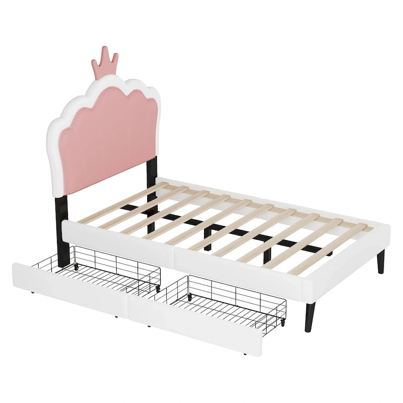 Letto a piattaforma per bambine Principessa con testiera a corona, 2 cassetti portaoggetti, pelle PU, struttura in legno di pino