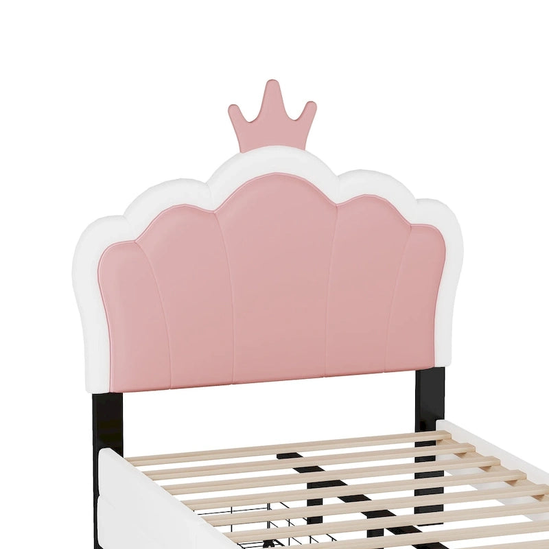 Letto a piattaforma per bambine Principessa con testiera a corona, 2 cassetti portaoggetti, pelle PU, struttura in legno di pino