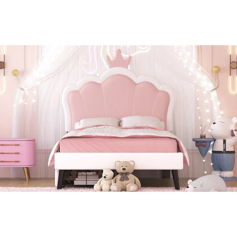 Letto a piattaforma per bambine Principessa con testiera a corona, 2 cassetti portaoggetti, pelle PU, struttura in legno di pino