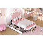 Letto a piattaforma per bambine Principessa con testiera a corona, 2 cassetti portaoggetti, pelle PU, struttura in legno di pino