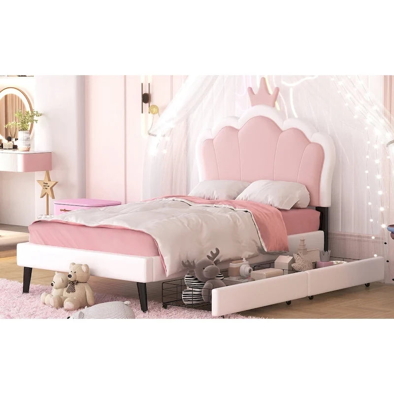 Letto a piattaforma per bambine Principessa con testiera a corona, 2 cassetti portaoggetti, pelle PU, struttura in legno di pino